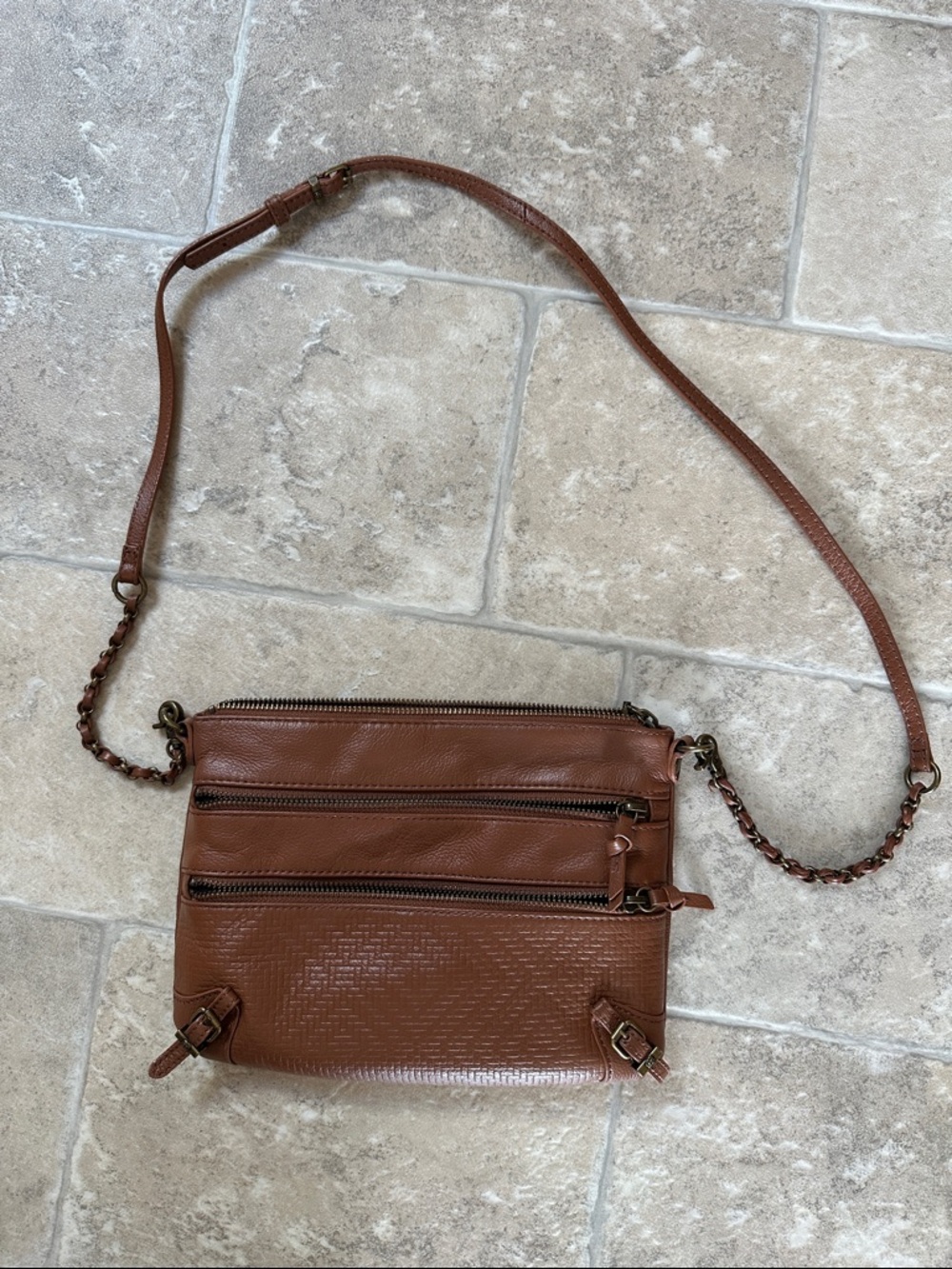 Classic Brown Crossbody Bag with Chain-Trim Strap